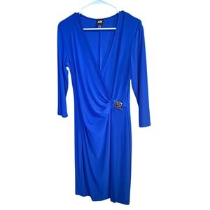 Anne Klein AK Womens Royal Blue Faux Wrap Dress Gold Lion Buckle 3/4 Sleeve M